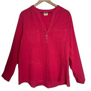 Mote Anthropologie XL Blouse Top Pink Gauze 100% Cotton Vneck Long Sleeve Tunic